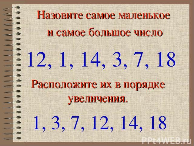 Назовите самое маленькое и самое большое число 12, 1, 14, 3, 7, 18 Расположите их в порядке увеличения. 1, 3, 7, 12, 14, 18