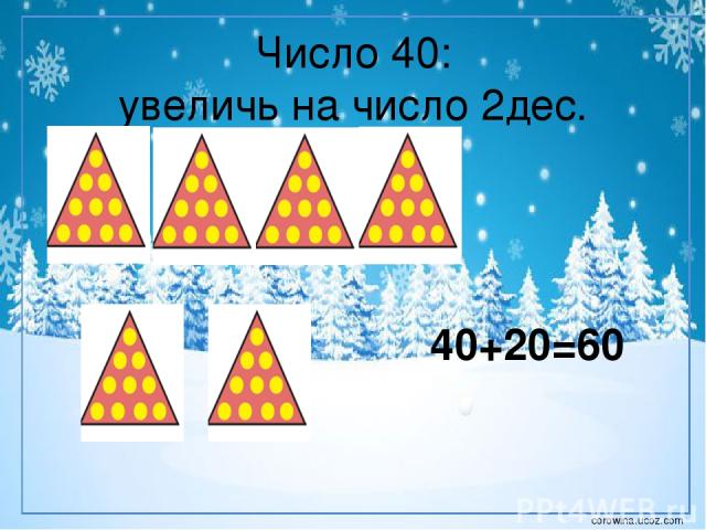 Число 40: увеличь на число 2дес. 40+20=60 corowina.ucoz.com