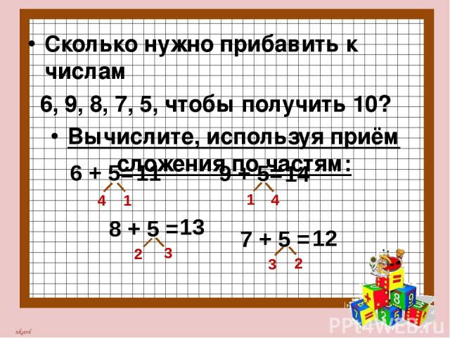 Сколько нужно прибавить к числам 6, 9, 8, 7, 5, чтобы получить 10? Вычислите, используя приём сложения по частям: 8 + 5 = 9 + 5= 7 + 5 = 4 1 1 4 2 3 3 2 11 13 14 12 6 + 5= nkard