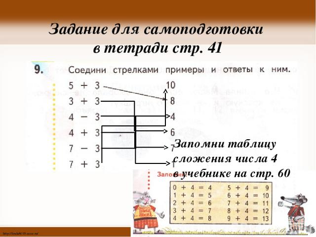 Задание для самоподготовки в тетради стр. 41 Запомни таблицу сложения числа 4 в учебнике на стр. 60 http://linda6035.ucoz.ru/