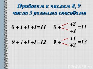 Прибавим к числам 8, 9 число 3 разными способами 8 + 1 +1 +1 8 + +2 +1 =11 =11 9