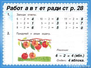 Работа в тетради стр. 28 4 1 6 8 3 5 9 7 0 6 – 2 = 4 (ябл.) 4 яблока. Ekaterina0