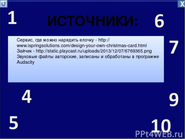Сервис, где можно нарядить елочку - http://www.ispringsolutions.com/design-your-own-christmas-card.html Зайчик - http://static.playcast.ru/uploads/2013/12/07/6769365.png Звуковые файлы авторские, записаны и обработаны в программе Audacity Х ИСТОЧНИКИ: