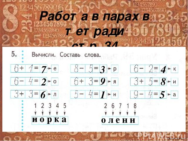 Работа в парах в тетради стр. 34 7 2 6 3 9 1 4 8 5 н о р к а о л е н и Ekaterina050466