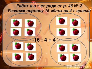 Работа в тетради стр. 46 № 2 Разложи поровну 16 яблок на 4 тарелки 16 : 4 = 4 Ek