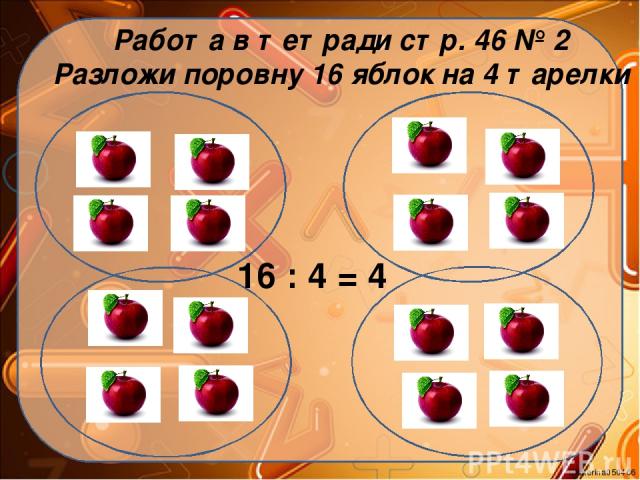 Работа в тетради стр. 46 № 2 Разложи поровну 16 яблок на 4 тарелки 16 : 4 = 4 Ekaterina050466