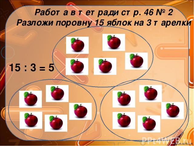 Работа в тетради стр. 46 № 2 Разложи поровну 15 яблок на 3 тарелки 15 : 3 = 5 Ekaterina050466