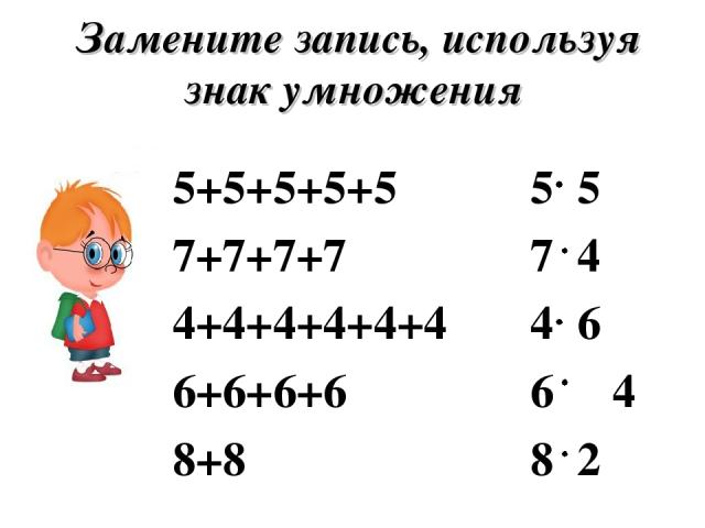 Замените запись, используя знак умножения 5+5+5+5+5 7+7+7+7 4+4+4+4+4+4 6+6+6+6 8+8 5 5 7 4 4 6 4 8 2