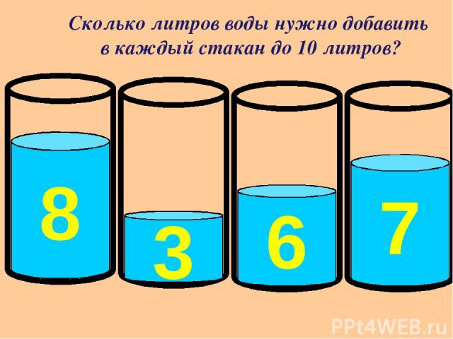 8 3 6 7 Сколько литров воды нужно добавить в каждый стакан до 10 литров?