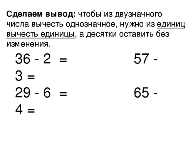 Сделаем вывод: чтобы из двузначного числа вычесть однозначное, нужно из единиц вычесть единицы, а десятки оставить без изменения.   36 - 2 = 57 - 3 = 29 - 6 = 65 - 4 =