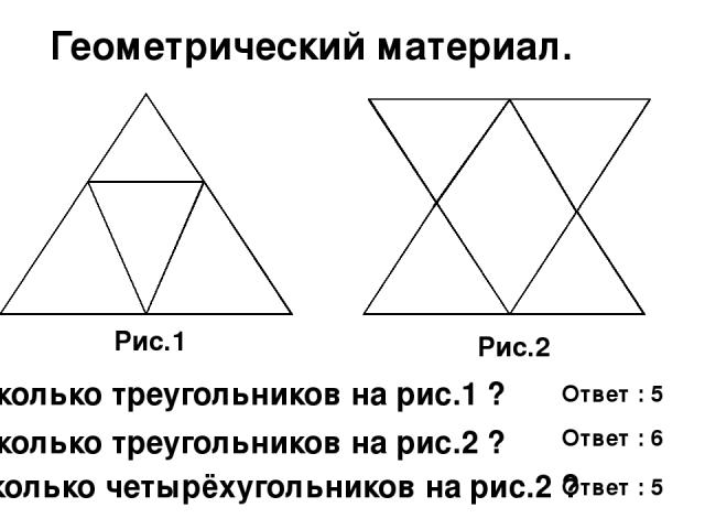 Геометрический материал. Ответ : 5 Рис.1 Рис.2 Сколько треугольников на рис.1 ? Сколько треугольников на рис.2 ? Сколько четырёхугольников на рис.2 ? Ответ : 5 Ответ : 6