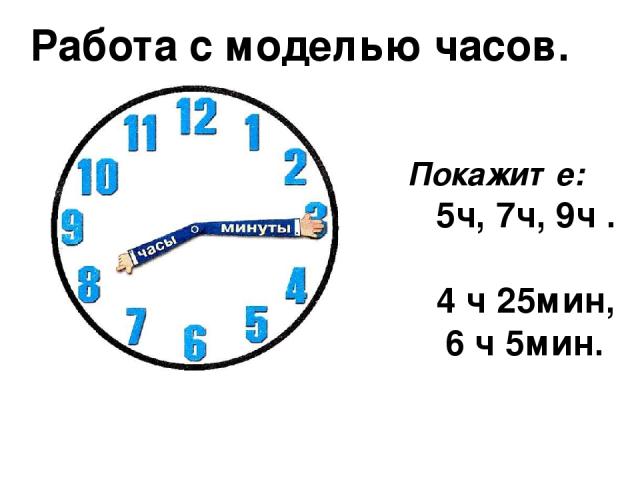 Работа с моделью часов. Покажите: 5ч, 7ч, 9ч . 4 ч 25мин, 6 ч 5мин.