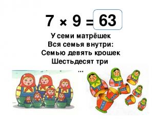 7 × 9 = У семи матрёшек Вся семья внутри: Семью девять крошек - ... 63 Шестьдеся