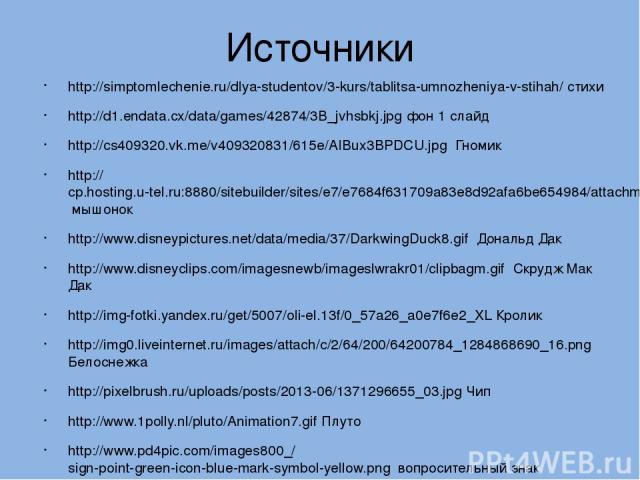 Источники http://simptomlechenie.ru/dlya-studentov/3-kurs/tablitsa-umnozheniya-v-stihah/ стихи http://d1.endata.cx/data/games/42874/3B_jvhsbkj.jpg фон 1 слайд http://cs409320.vk.me/v409320831/615e/AIBux3BPDCU.jpg Гномик http://cp.hosting.u-tel.ru:88…