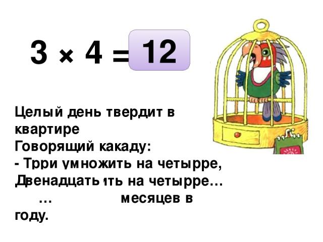 3 × 4 = Целый день твердит в квартире Говорящий какаду: - Трри умножить на четырре, Трри умножить на четырре… … месяцев в году. 12 Двенадцать