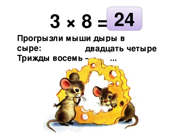 3 × 8 = Прогрызли мыши дыры в сыре: Трижды восемь — ... 24 двадцать четыре