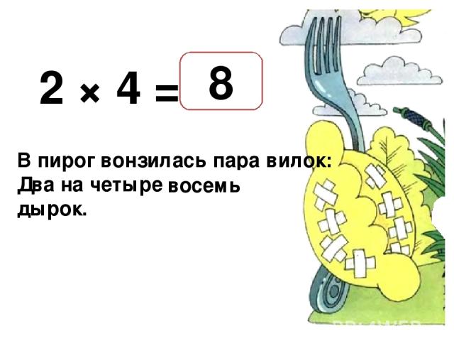 2 × 4 = В пирог вонзилась пара вилок: Два на четыре — … дырок. 8 восемь