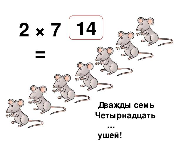 2 × 7 = Дважды семь мышей - … ушей! 14 Четырнадцать