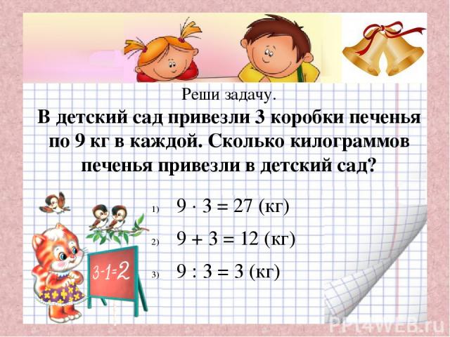 Реши задачу. В детский сад привезли 3 коробки печенья по 9 кг в каждой. Сколько килограммов печенья привезли в детский сад? 9 · 3 = 27 (кг) 9 + 3 = 12 (кг) 9 : 3 = 3 (кг)