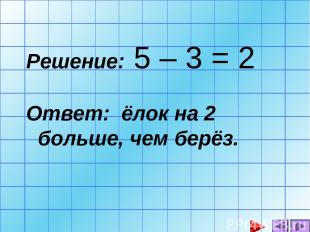 Решение: 5 – 3 = 2 Ответ: ёлок на 2 больше, чем берёз.