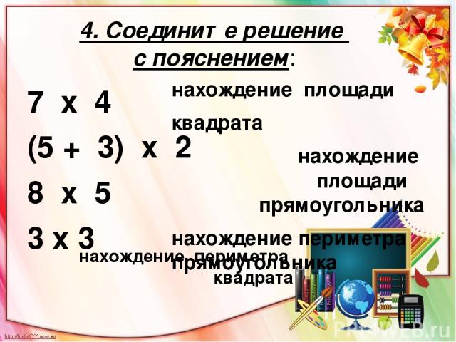 4. Соедините решение с пояснением: 7 х 4 (5 + 3) х 2 8 х 5 3 х 3 нахождение площади квадрата нахождение площади прямоугольника нахождение периметра прямоугольника нахождение периметра квадрата