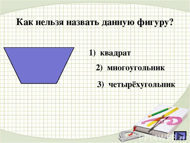 Как нельзя назвать данную фигуру? 1) квадрат 2) многоугольник 3) четырёхугольник