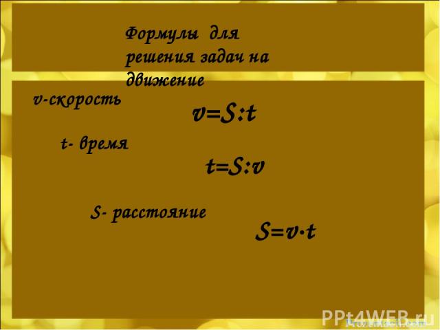 Формулы для решения задач на движение v-скорость t- время S- расстояние v=S:t t=S:v S=v·t