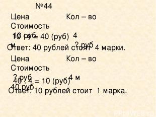 Цена Кол – во Стоимость 10 руб 4 м ? руб 10 ∙ 4 = 40 (руб) Ответ: 40 рублей стоя