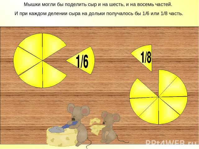 Мышки могли бы поделить сыр и на шесть, и на восемь частей. И при каждом делении сыра на дольки получалось бы 1/6 или 1/8 часть.