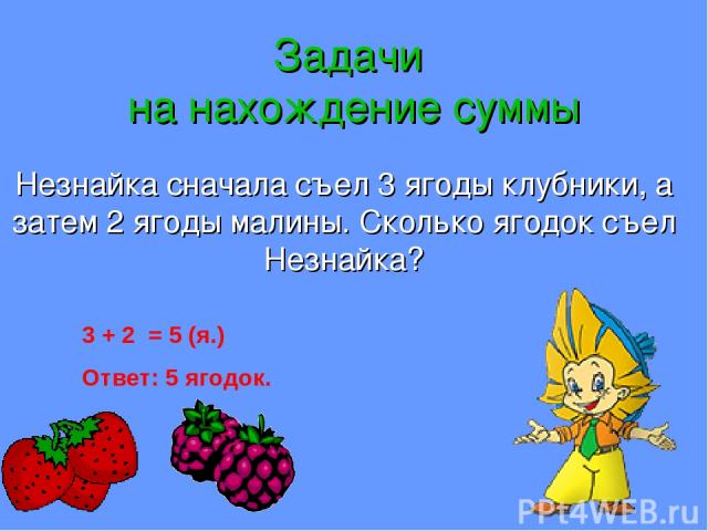 Задачи на нахождение суммы Незнайка сначала съел 3 ягоды клубники, а затем 2 ягоды малины. Сколько ягодок съел Незнайка? 3 + 2 = 5 (я.) Ответ: 5 ягодок.