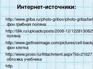 Интернет-источники: http://www.griba.ru/photo-gribov/photo-griba/bely-griba-foto