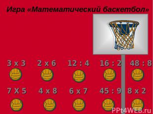 Игра «Математический баскетбол» 3 х 3 2 х 6 12 : 4 16 : 2 48 : 8 7 Х 5 4 х 8 6 х