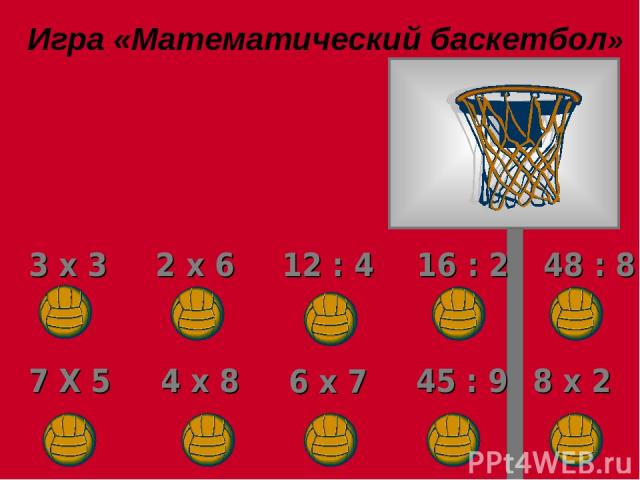 Игра «Математический баскетбол» 3 х 3 2 х 6 12 : 4 16 : 2 48 : 8 7 Х 5 4 х 8 6 х 7 45 : 9 8 х 2