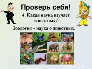 Проверь себя! 4. Какая наука изучает животных? Зоология – наука о животных.