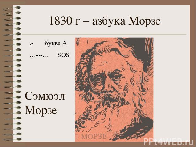 1830 г – азбука Морзе Сэмюэл Морзе .- буква А …---… SOS