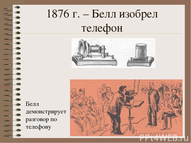 1876 г. – Белл изобрел телефон Белл демонстрирует разговор по телефону