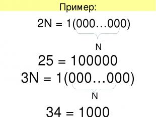 Пример: 2N = 1(000…000) N 25 = 100000 3N = 1(000…000) 34 = 1000 N