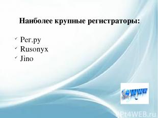 Наиболее крупные регистраторы: Рег.ру Rusonyx Jino