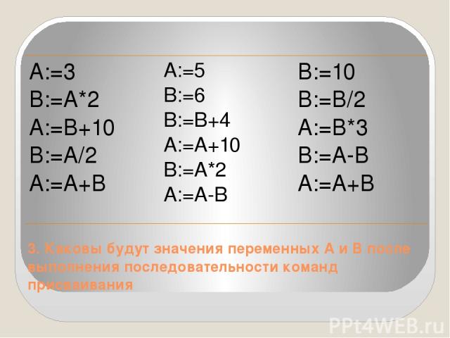 3. Каковы будут значения переменных А и В после выполнения последовательности команд присваивания А:=3 В:=А*2 А:=В+10 В:=А/2 А:=А+В А:=5 В:=6 В:=В+4 А:=А+10 В:=А*2 А:=А-В В:=10 В:=В/2 А:=В*3 В:=А-В А:=А+В