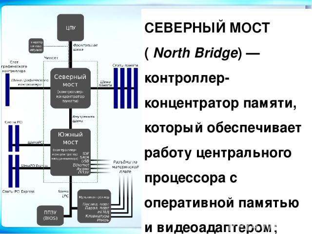 СЕВЕРНЫЙ МОСТ ( North Bridge) — контроллер-концентратор памяти, который обеспечивает работу центрального процессора с оперативной памятью и видеоадаптером;