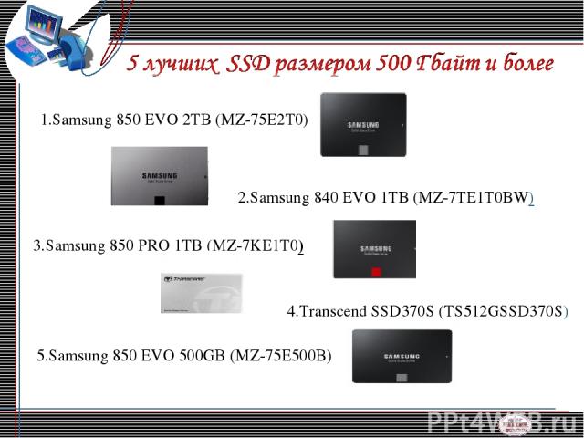 1.Samsung 850 EVO 2TB (MZ-75E2T0) 2.Samsung 840 EVO 1TB (MZ-7TE1T0BW) 3.Samsung 850 PRO 1TB (MZ-7KE1T0) 4.Transcend SSD370S (TS512GSSD370S) 5.Samsung 850 EVO 500GB (MZ-75E500B)
