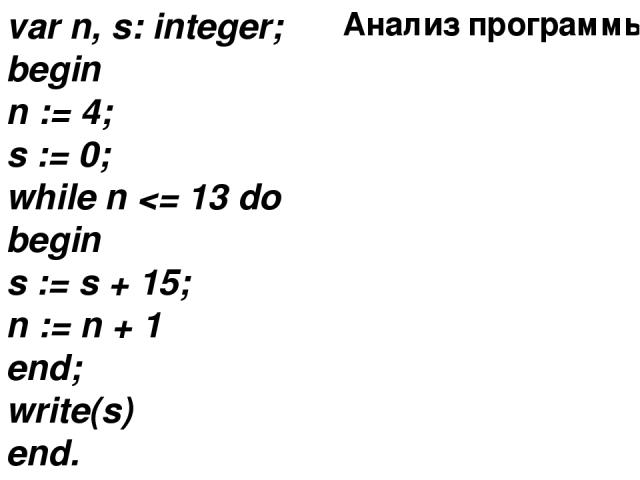 var n, s: integer; begin n := 4; s := 0; while n