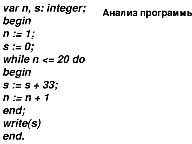 var n, s: integer; begin n := 1; s := 0; while n