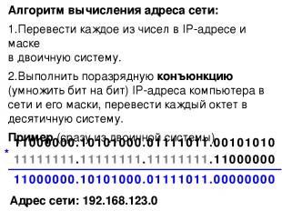 Алгоритм вычисления адреса сети: Перевести каждое из чисел в IP-адресе и маске в