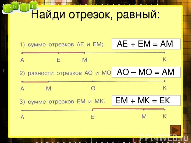 Найди отрезок, равный: АЕ + ЕМ = АМ АО – МО = АМ ЕМ + МК = ЕК
