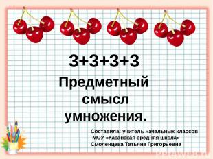 Предметный смысл умножения. 3+3+3+3 Составила: учитель начальных классов МОУ «Ка