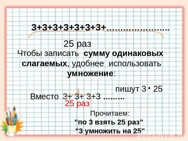 3+3+3+3+3+3+3+………………….. 25 раз Чтобы записать сумму одинаковых слагаемых, удобнее использовать умножение: Прочитаем: 