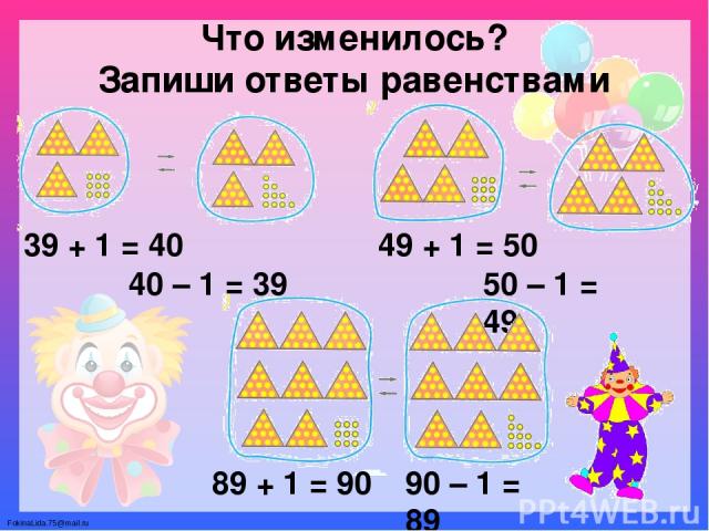 Что изменилось? Запиши ответы равенствами 39 + 1 = 40 40 – 1 = 39 49 + 1 = 50 50 – 1 = 49 89 + 1 = 90 90 – 1 = 89 FokinaLida.75@mail.ru