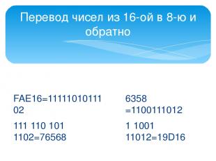Перевод чисел из 16-ой в 8-ю и обратно FAE16=1111101011102 111 110 101 1102=7656