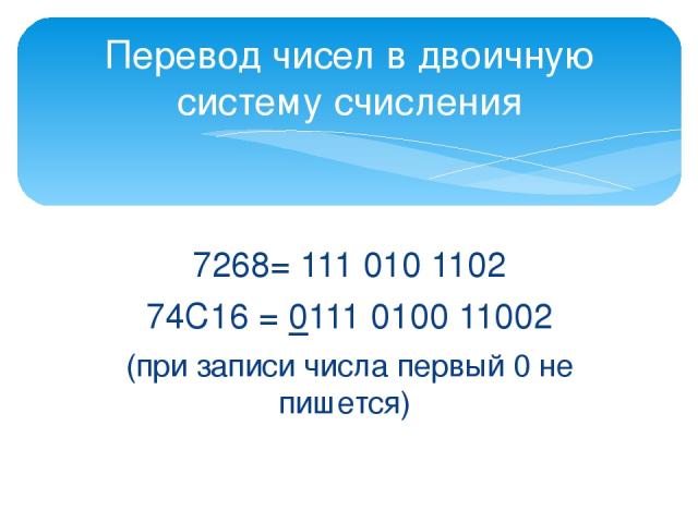 7268= 111 010 1102 74С16 = 0111 0100 11002 (при записи числа первый 0 не пишется) Перевод чисел в двоичную систему счисления